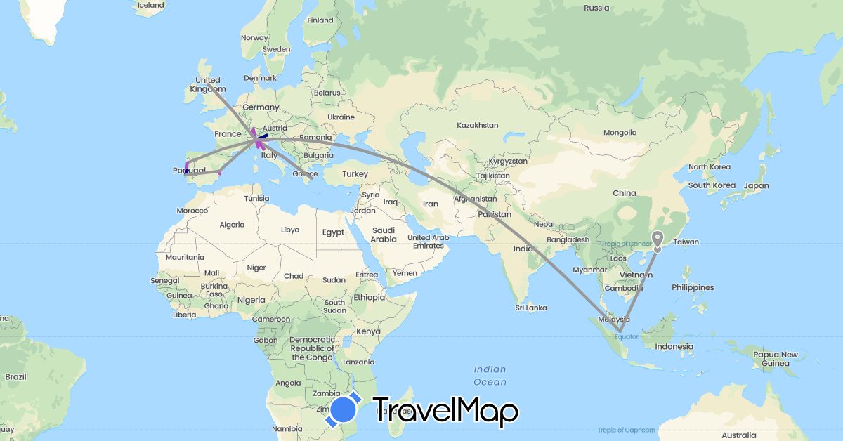 TravelMap itinerary: driving, plane, train in Switzerland, China, Spain, United Kingdom, Greece, Italy, Portugal, Singapore (Asia, Europe)